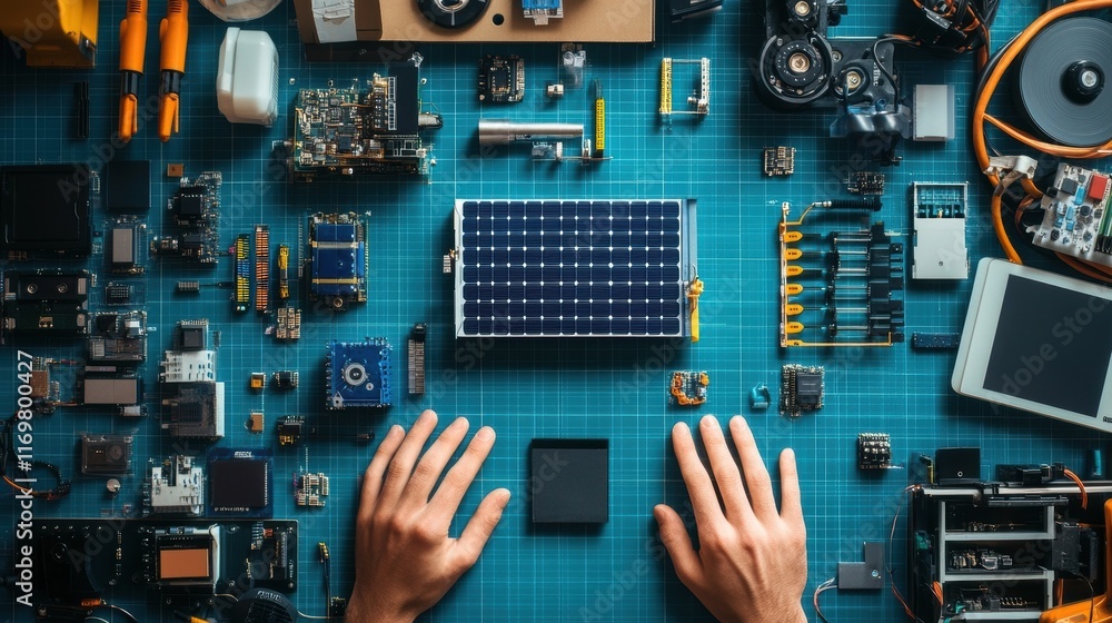 Poster highresolution shot of hands assembling a solarpowered gadget with components made from recycled mat