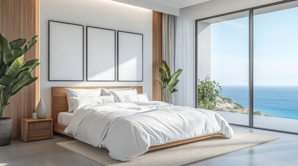 A modern bedroom with large windows overlooking the ocean, featuring a white bed and two blank wall frames on each side of it