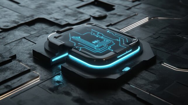 Futuristic tech chip on dark metallic surface.