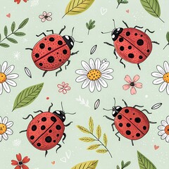 seamless pattern with ladybirds and flowers