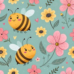 seamless pattern with bees and flowers