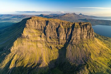 The Old Man of Storli, the most famous peak on Skye island in Scotland, is seen from above during...