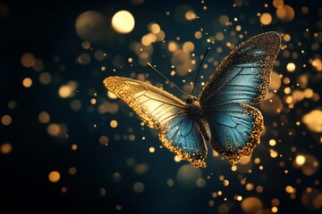 Glittering blue and gold butterfly in dark bokeh.
