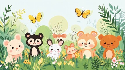 Naklejka premium Adorable Baby Animals in a Lush Green Meadow