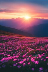 Fototapeta premium The sun shines on the vibrant pink firefall flowers in Clipper Field, Great National Park at sunrise, with towering mountains visible across the horizon. The colorful wildflowers line the valley floor