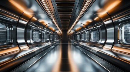 Fototapeta premium A futuristic, metallic corridor with sleek lines and ambient lighting.
