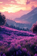 Fototapeta premium The sun shines on the vibrant pink firefall flowers in Clipper Field, Great National Park at sunrise, with towering mountains visible across the horizon. The colorful wildflowers line the valley floor