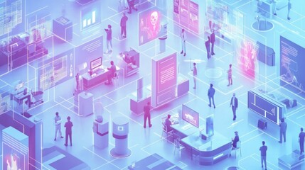 A futuristic digital workspace showcasing technology and data visualization.