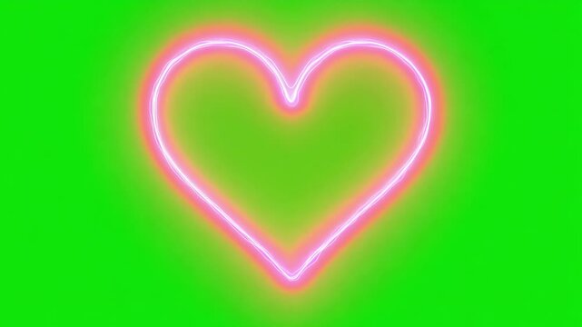 Soft pink neon outline of a heart pulses gently against the green wall. Green screen chromakey.