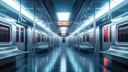 A modern, empty subway train interior with bright lighting and sleek metallic surfaces.