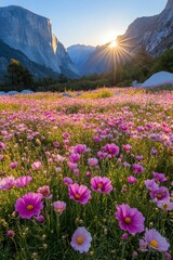 Obraz premium The sun shines on the vibrant pink firefall flowers in Clipper Field, Great National Park at sunrise, with towering mountains visible across the horizon. The colorful wildflowers line the valley floor