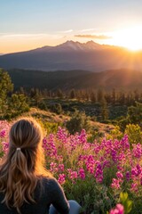 The sun shines on the vibrant pink firefall flowers in Clipper Field, Great National Park at sunrise, with towering mountains visible across the horizon. The colorful wildflowers line the valley floor