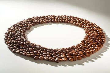 Obraz premium Coffee beans arranged in a circle on a white background, forming a frame.