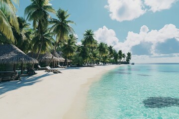 Fototapeta premium Tropical beach with palm trees and turquoise water in the Maldives, winner of the Gemini Crater. high-resolution stock photo, sharp focus, highly detailed, hyper-realistic, super detailed.