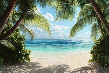 Fototapeta premium Tropical beach with palm trees and turquoise water in the Maldives, winner of the Gemini Crater. high-resolution stock photo, sharp focus, highly detailed, hyper-realistic, super detailed.