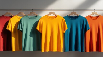 Display of colorful t-shirts concept, A colorful display of T-shirts hanging on wooden hangers, showcasing a variety of vibrant hues in a well-lit setting.