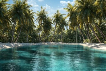 Obraz premium Tropical beach with palm trees and turquoise water in the Maldives, winner of the Gemini Crater. high-resolution stock photo, sharp focus, highly detailed, hyper-realistic, super detailed.