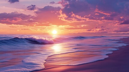 Obraz premium Stunning Pink and Purple Sunset over Ocean Waves
