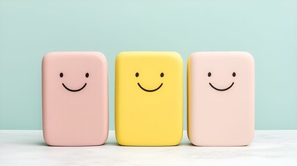Three colorful, smiling soap bars sit against a pastel background, radiating cheerfulness and playfulness.
