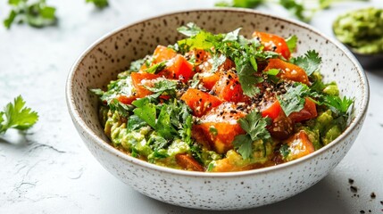 A bowl of fresh guacamole topped with diced tomatoes and cilantro.