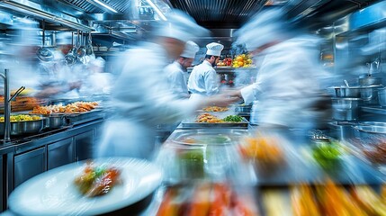 Busy chefs in a professional kitchen preparing food.