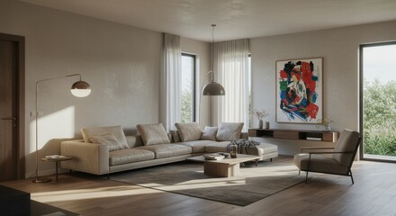 Fototapeta premium Modern living room interior with neutral tones and abstract art