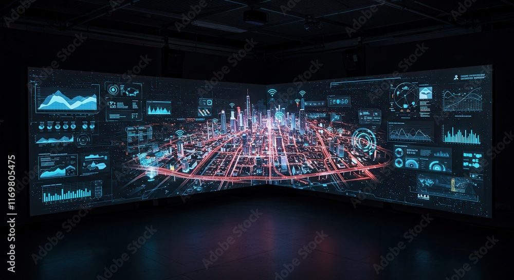 Poster futuristic cityscape hologram display with data visualizations in a dark room