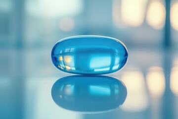 A single, translucent blue capsule rests on a reflective surface, bathed in soft, blurred light.