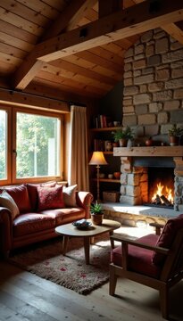 Cozy Bergh?tte interior with wooden furniture and fireplace, fireplace, berghutte