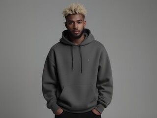 Dark-Skinned Male Model in Oversized Graphite Hoodie Posing Against Gray Backdrop for Contemporary Urban Fashion Photo