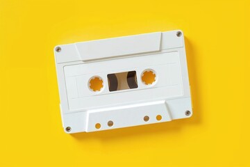 Obraz premium A vintage white cassette tape on a vibrant yellow background Nostalgia music retro style