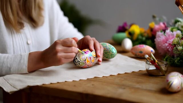 Creative easter egg decorating activity with vibrant colors and floral arrangements on the table