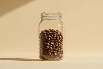 A glass jar filled with roasted coffee beans sits on a beige surface, bathed in soft sunlight.