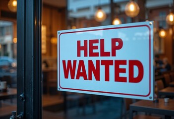 Help Wanted sign in a restaurant window Seeking employees Job opportunity