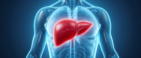 Human anatomy: detailed 3D model of the liver within the rib cage