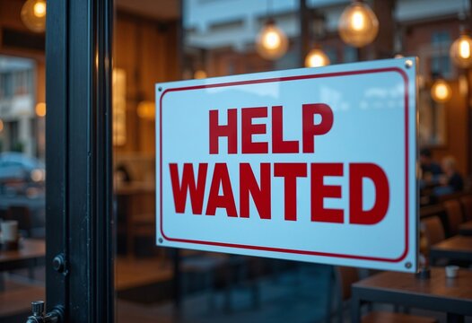 Help Wanted sign in a restaurant window Seeking employees Job opportunity