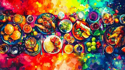 Vibrant Watercolor Art of a Diverse Feast on a Colorful Table. Concept of Culinary Diversity, Cultural Celebration, Artistic Expression, and Delicious Meals. Brazilian Carnival