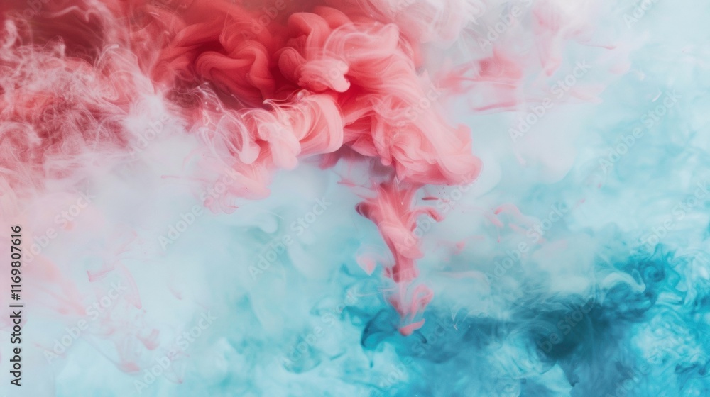 Poster vivid red and blue ink clouds swirl and merge underwater, creating captivating patterns and textures