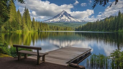 Obraz premium Wooden dock with bench overlooking Trillium Lake, a breathtaking view of the lake and forest landscape in an American national park. Classics at Tril - dramatic sky, summer time, cloudy sky.