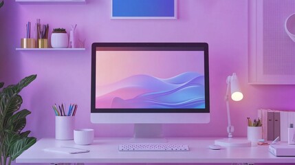 An airy workspace with a white desk, a computer, and a minimalist selection of stationery.