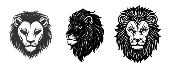 Obraz premium Three distinct lion head illustrations in black and white showcasing different styles.