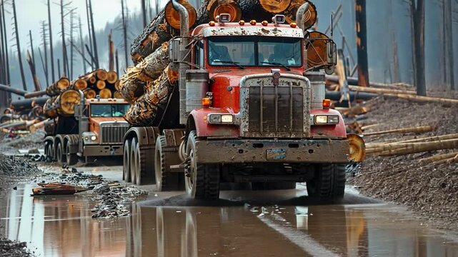 Two large trucks maneuver through a muddy forest path, loaded with logs after recent logging activity. Surrounding trees indicate a deforested area, showcasing the impact of timber harvesting.