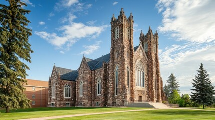 Fototapeta premium Gothic church, sunny campus, trees, building background, postcard