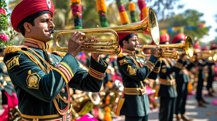 Traditional Indian Military Band Performing at Republic Day Parade. Concept of cultural heritage, musical tradition, national celebration, and festive atmosphere