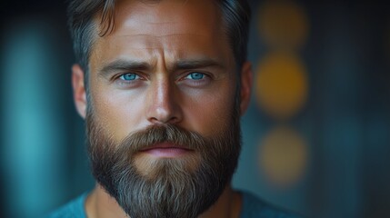 Fototapeta premium Close-up of a handsome man after trimming his beard in a men's beauty salon. Man with a well-groomed beard in a studio shot.