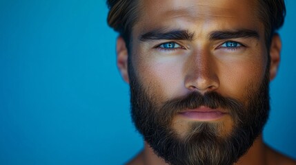 Obraz premium Close-up of a handsome man after trimming his beard in a men's beauty salon. Man with a well-groomed beard in a studio shot.