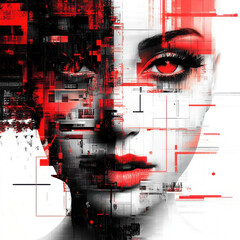 Abstract Red Black Glitch Art Female Face Digital Portrait Abstract Geometric Shapes and Lines