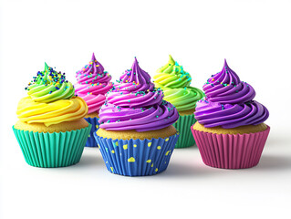 Indulge in a delicious bakery product of colorful cup cakes designed with intricate frosting and sprinkles presented elegantly on a clean white background for any special occasion