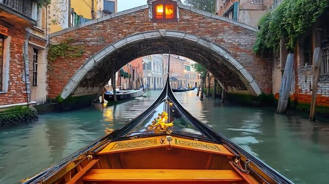 This gondola glides through a quiet Venetian canal under a charming bridge at sunrise.