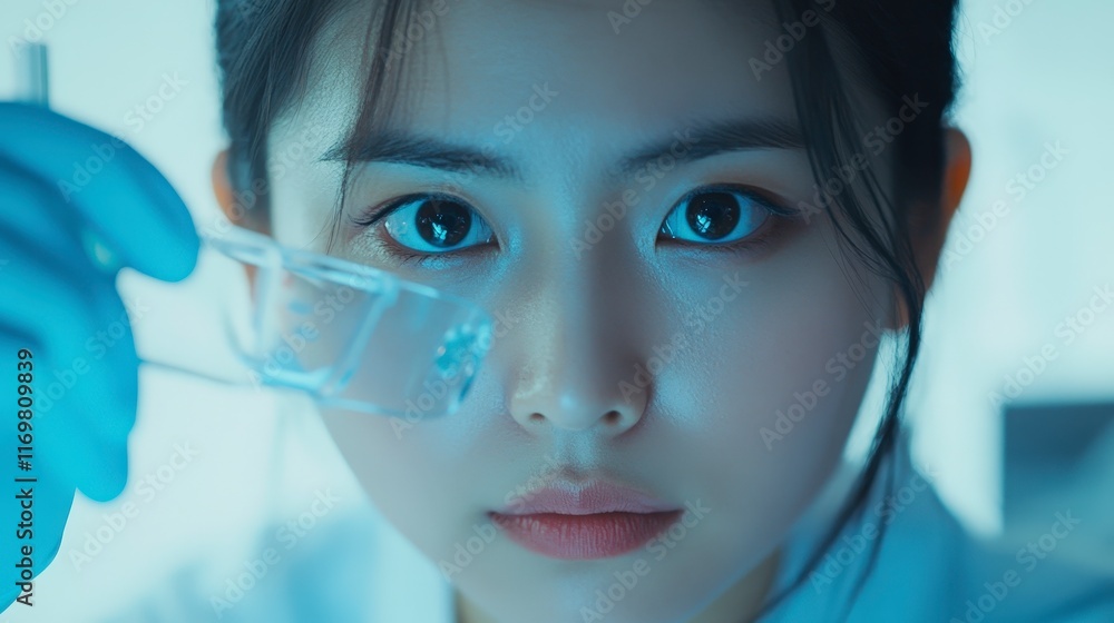 Poster female scientist examining sample with precision in laboratory setting